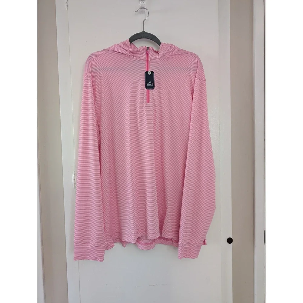 Johnnie-O Mens Performance Golf Hybrid Hoodie 1/4 Zip Pink Striped Cabo XL New